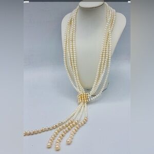 Vintage Elegant Unique Faux Pearl (Glass) Multi Strand  Lariat Style Necklace